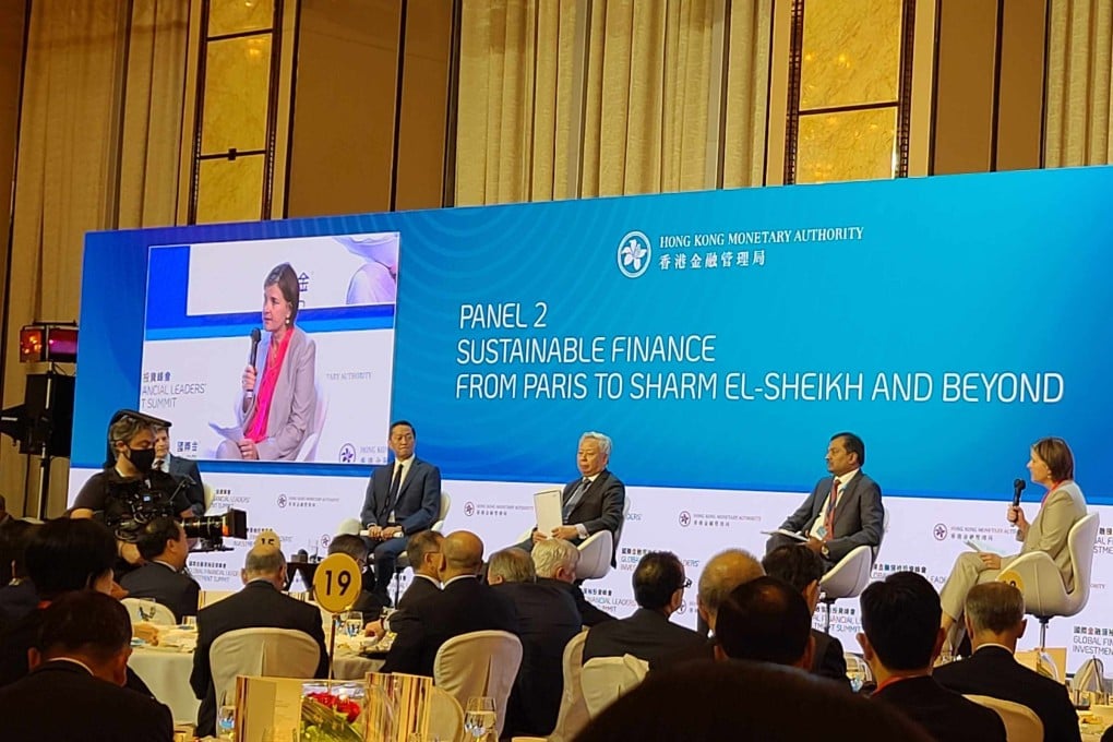BNY Mellon Investment Management’s chief executive Hanneke Smits (first right), spoke during a panel on sustainable finance, moderated by HKEX’s chief executive Nicolas Aguzin (extreme left) at the Global Financial Leaders’ Investment Summit at the Four Seasons Hotel on 2 November 2022. Photo: Enoch Yiu.