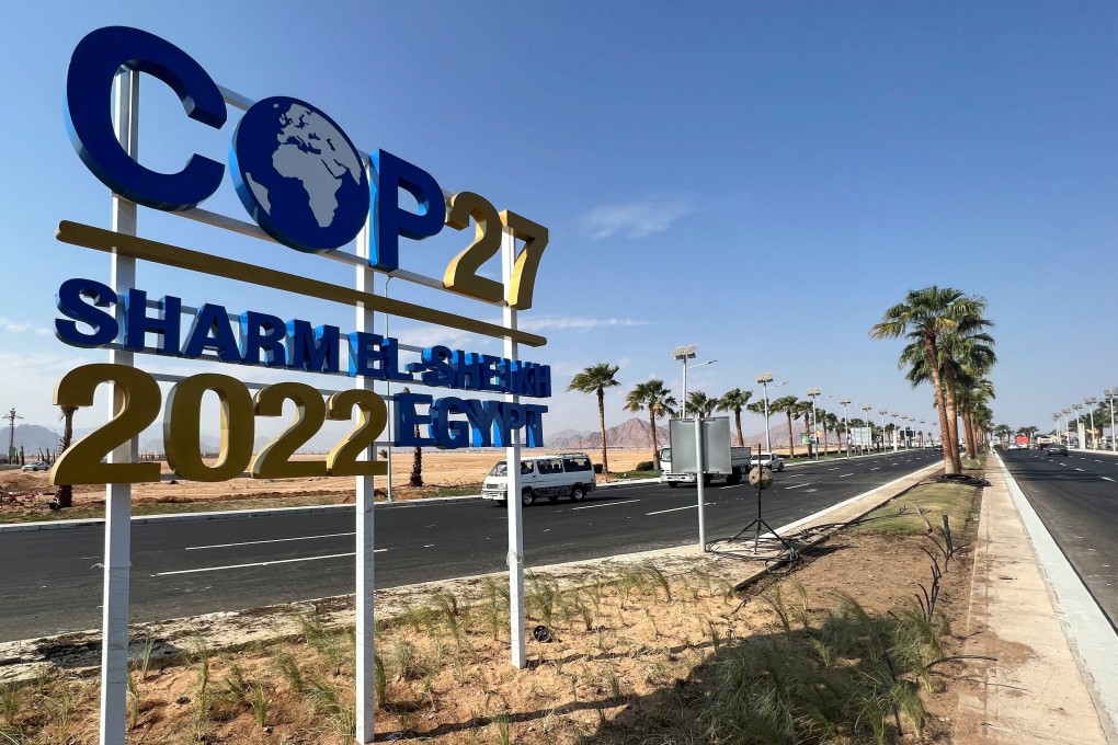 A COP27 sign on a road in Egypt’s Sharm el-Sheikh, this year’s host city, on October 20. Photo: Reuters