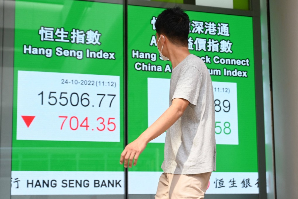 A man walks past a screen showing the Hang Seng Index in Hong Kong on October 24. As the yuan depreciated sharply, Hong Kong’s benchmark stock index sank below 16,000 points for the first time in more than 13 years on October 24. Photo: AFP
