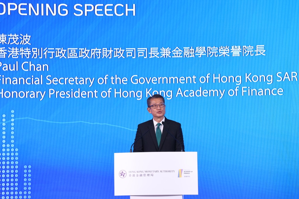 Financial Secretary Paul Chan Mo-po delivers a speech during the Global Financial Leaders’ Investment Summit shortly after returning from Saudi Arabia where he contracted Covid-19. Photo: K. Y. Cheng