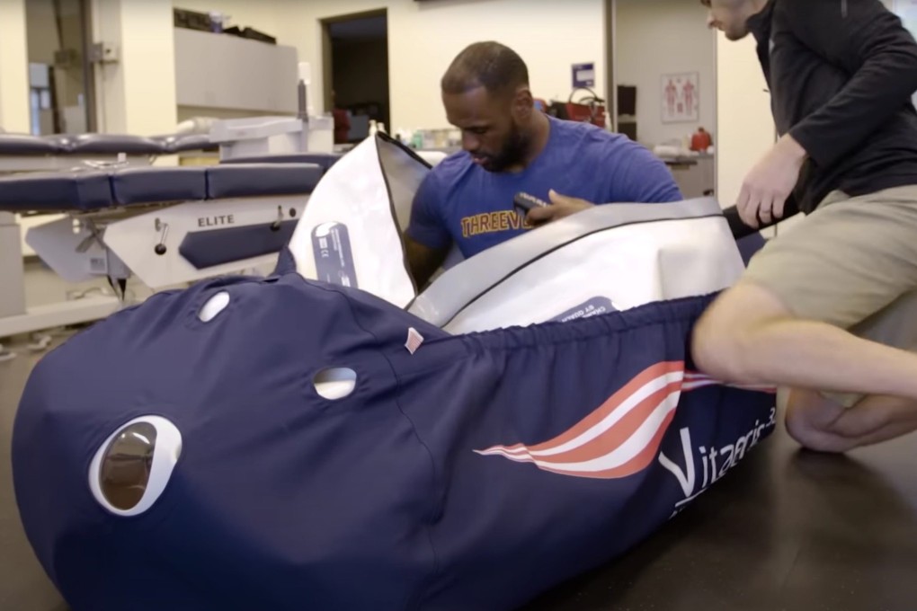 LeBron James in a hyperbaric oxygen therapy chamber. The treatment boosts the immune system, among other benefits. Justin Bieber, Kendall Jenner and Keanu Reeves are among other celebrities who swear by it. Photo: YouTube/Uninterrupted