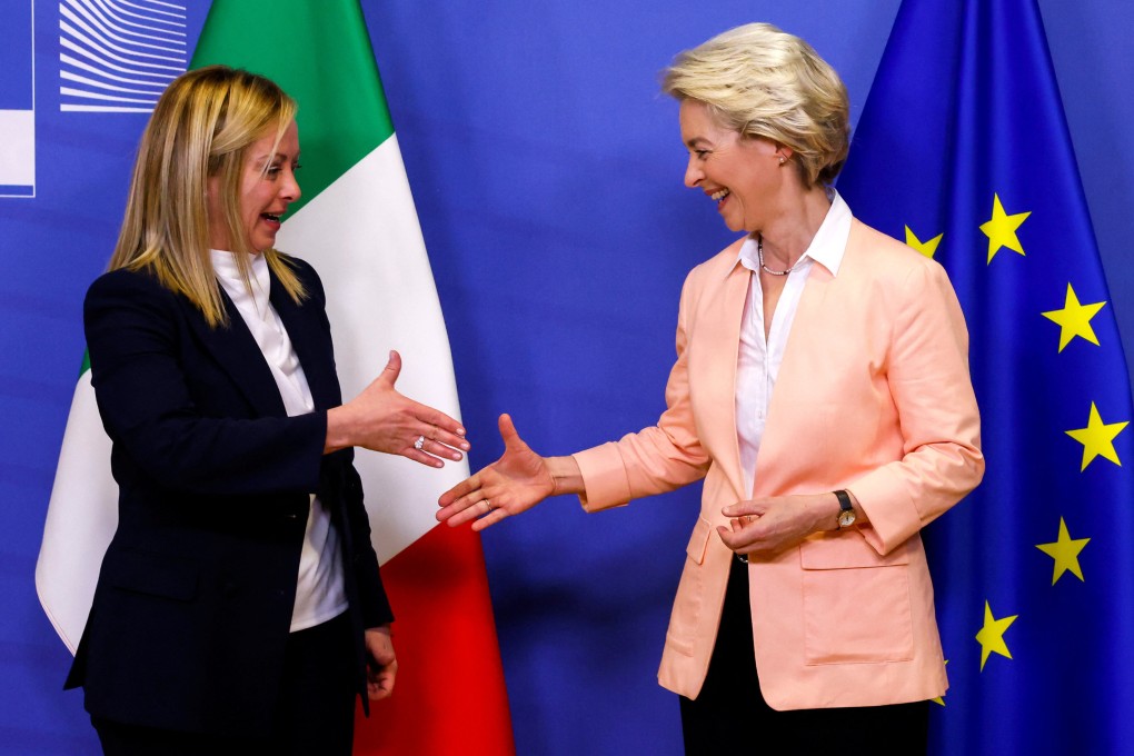 Italian Prime Minister Giorgia Meloni (left) and European Commission President Ursula von der Leyen shake hands at the EU Commission headquarters in Brussels on Thursday. Photo: Reuters