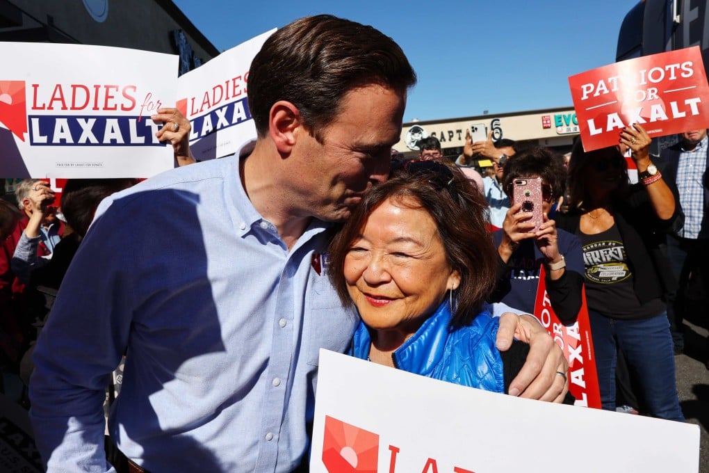 Nevada Republican US Senate nominee Adam Laxalt greets Asian-American supporters at a campaign stop outside the Nevada GOP Asian Pacific American Engagement Community Centre. Photo: AFP