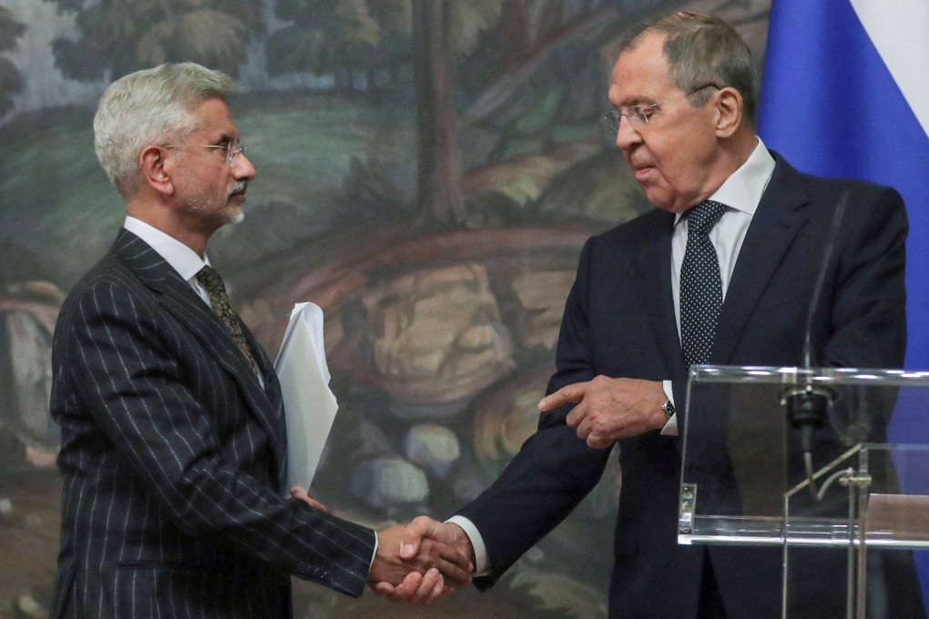 Russian Foreign Minister Sergey Lavrov (right) and his Indian counterpart Subrahmanyam Jaishankar at a news conference following their talks in Moscow on Tuesday. Photo: Reuters