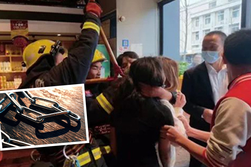 A drinking game popularised via Chinese social media has come under fire after firefighters were forced to use bolt cutters to free two women who padlocked themselves together and threw the key down a toilet. Photo: SCMP composite