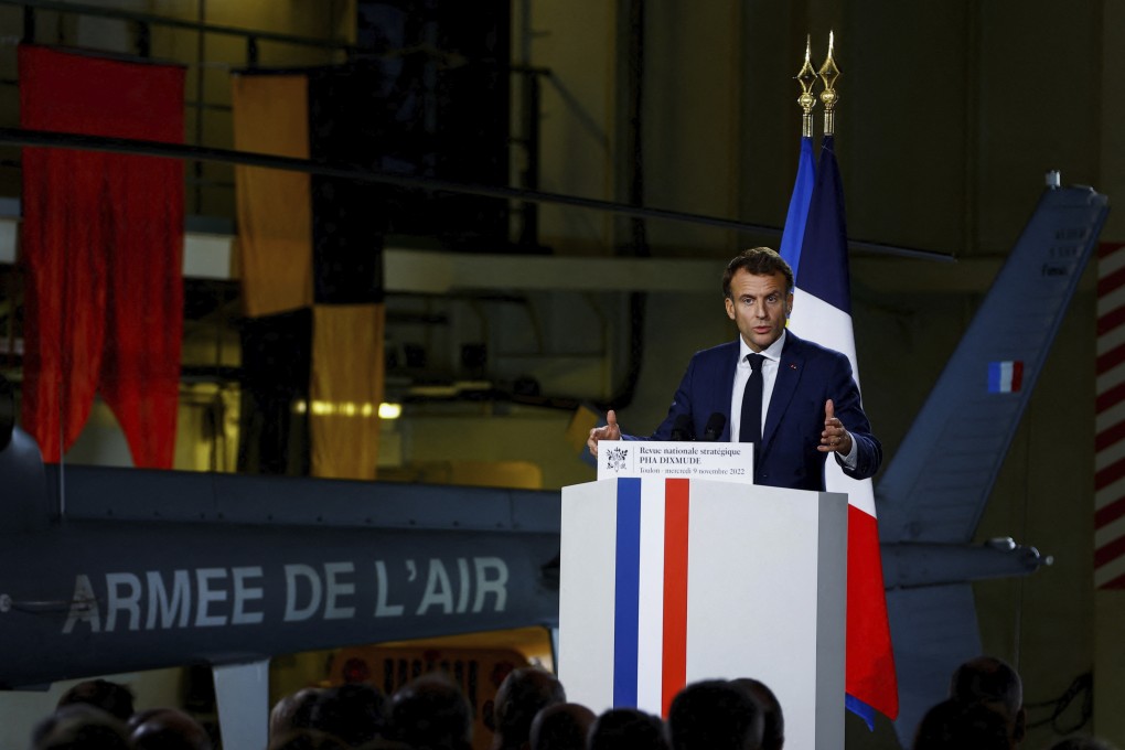French President Emmanuel Macron delivers his speech at the French Navy base of Toulon, southern France on November 9. Emmanuel Macron unveils the country’s military strategy through the end of the decade for his nuclear-armed country, in the midst of Russia’s war in Ukraine. Photo: AP