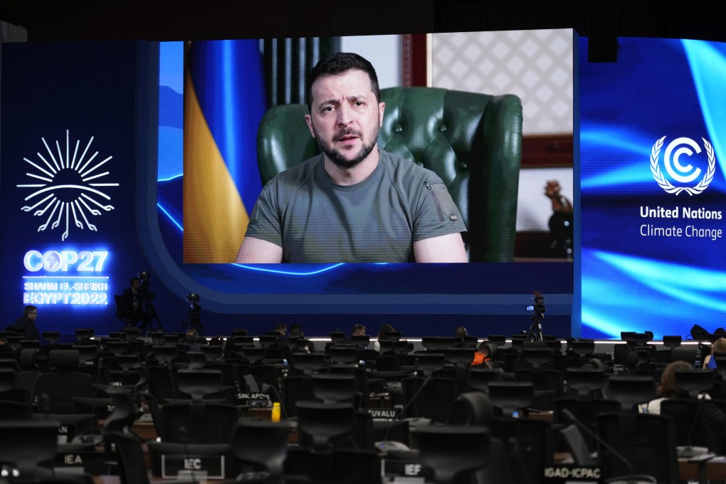 Ukraine President Volodymyr Zelensky speaks via video at the COP27 UN Climate Summit in Sharm el-Sheikh, Egypt on Tuesday. Photo: AP