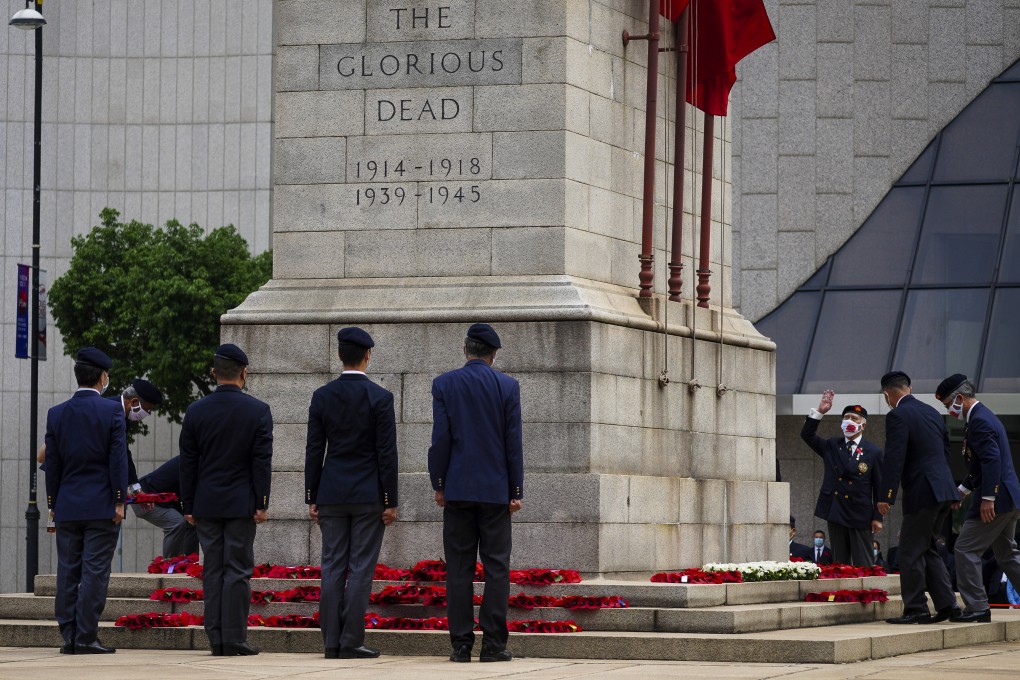 A ceremony is held to commemorate those who gave their lives during the two world wars at The Cenotaph in Central, Hong Kong, on November 8, 2020. Photo: Sam Tsang