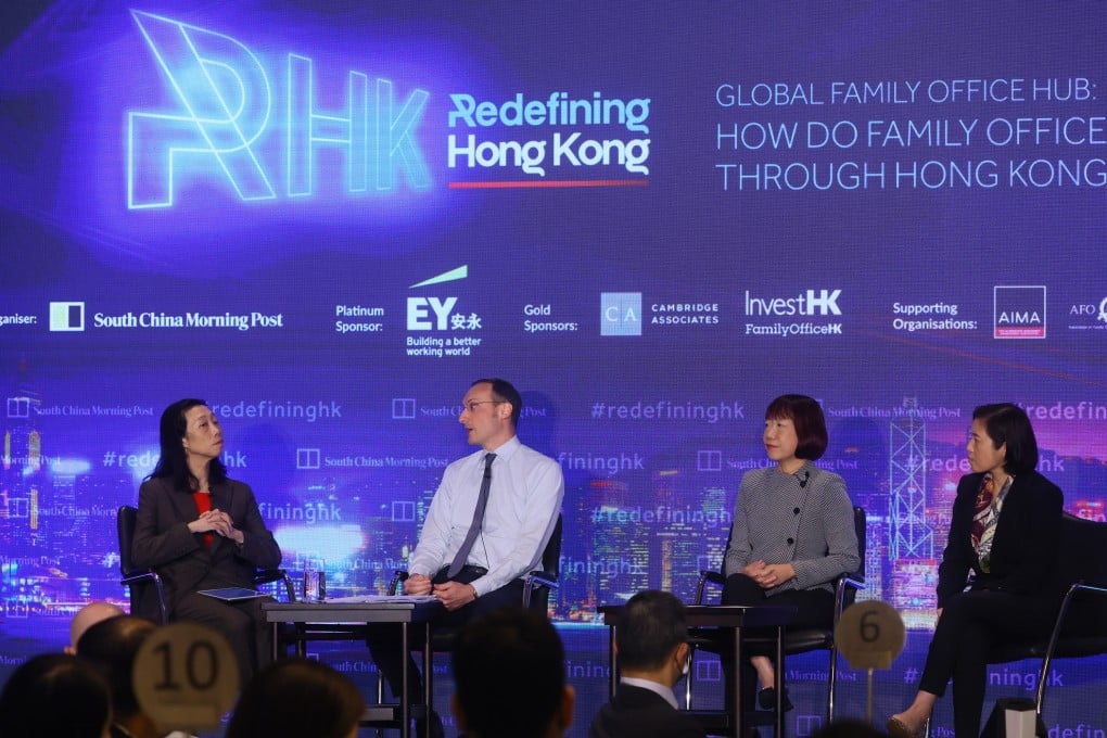 From left, the SCMP’s Enoch Yiu, Martin Hennecke of St James’s Place, Fan Cheuk-wan of HSBC Global Private Banking and Wealth, and Grace Tam of BNP Paribas at the SCMP panel on family offices in Hong Kong on Thursday. Photo: Dickson Lee