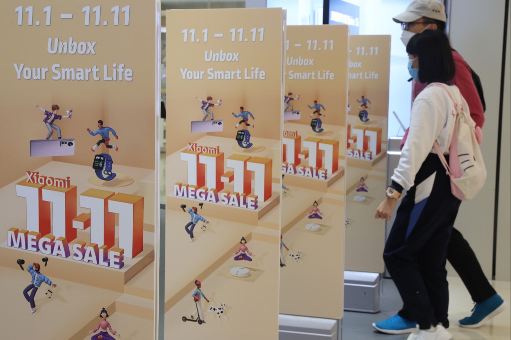 Singles’ Day promotion signs are seen at a shop in Hong Kong, November 11, 2022. Photo: SCMP/ Edmond So