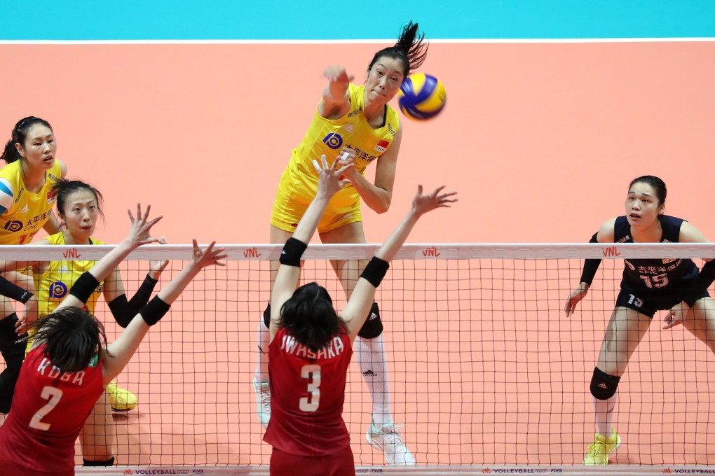 Zhu Ting of China spikes the ball during the FIVB Women’s Volleyball Nations League game against Japan at the Coliseum in Hung Hom in June 2019. Photo: K. Y. Cheng
