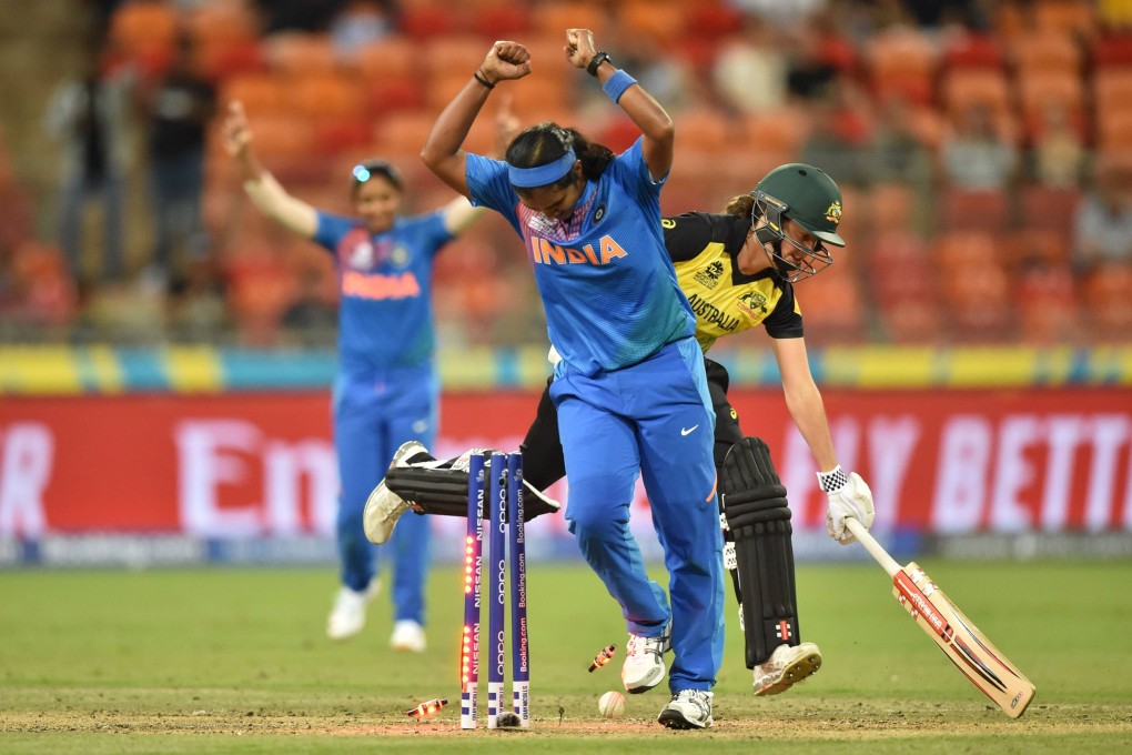 India’s Shikha Pandey stumps Australia’s Molly Strano to win the opening match of the women’s Twenty20 World Cup cricket tournament at the Sydney Showground on February 21, 2020. Photo: AFP