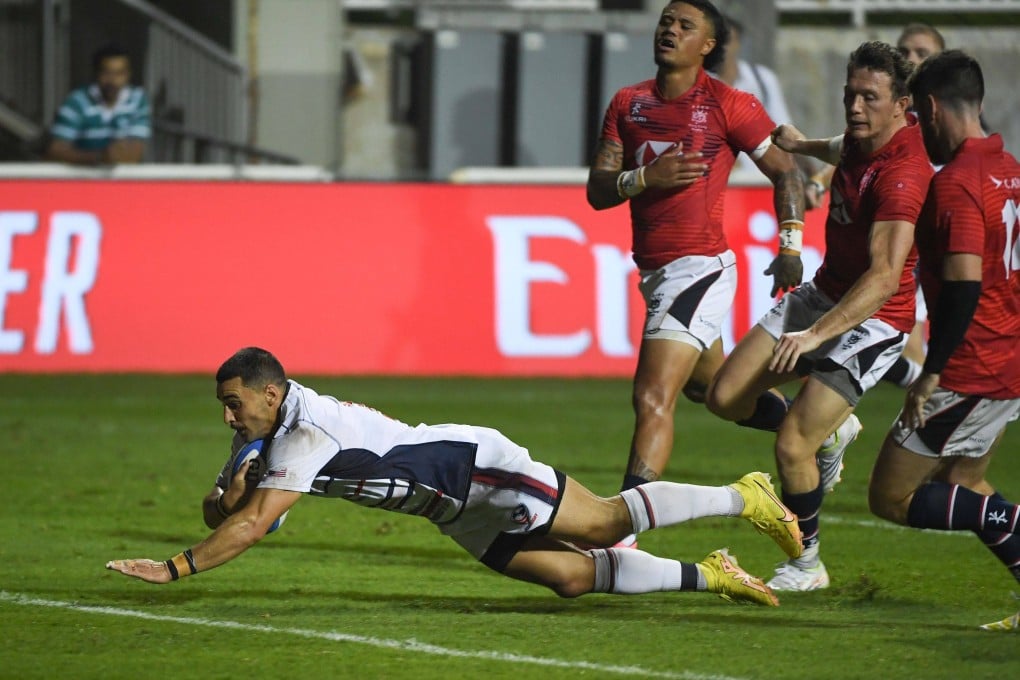 Nate Augspurger of the United States touches down to score a try during the RWC 2023 Final Qualifying Tournament match against Hong Kong at The Sevens Stadium in Dubai. Photo: World Rugby via Getty Images