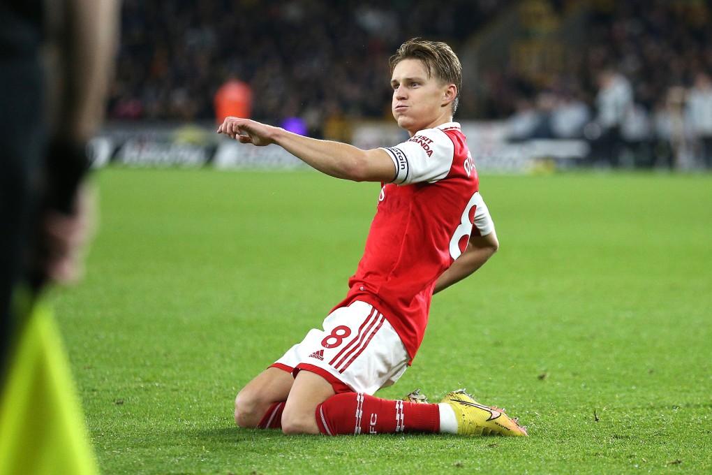 Arsenal’s Martin Odegaard celebrates scoring their side’s second goal against Wolves. Photo: dpa