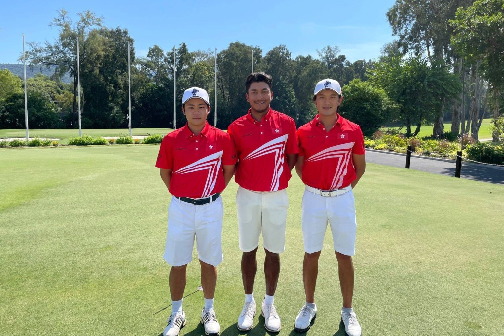 Hong Kong captain Leon D’Souza flanked by Lou Tam and Isaac Lam at the Manila Southwoods Golf & Country Club, Philippines, ahead of the 29th Nomura Cup. Photo: HKGA