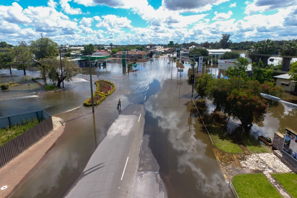 An aerial view of flooding in Forbes, New South Wales, about 100km away from Molong where the shipping container was filmed floating down a flooded street. Photo: AAP/dpa