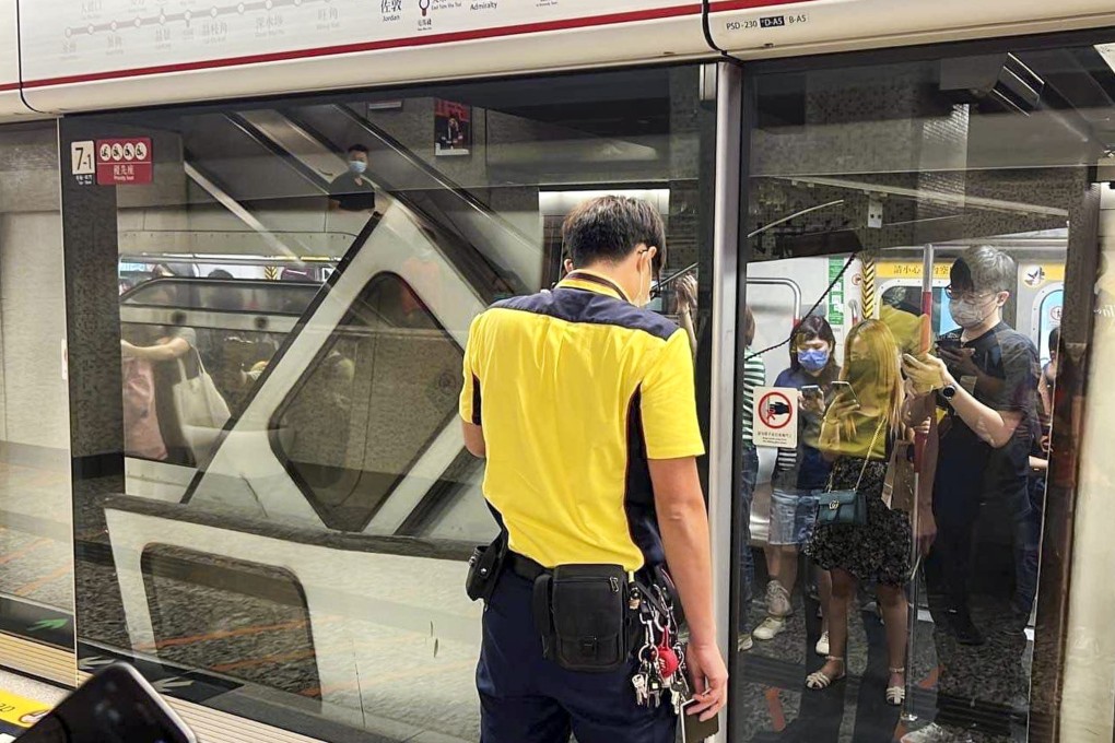 A train derailment on Sunday caused doors to be ripped off and wedged at the platform barriers at Yau Ma Tei station. Photo: Facebook