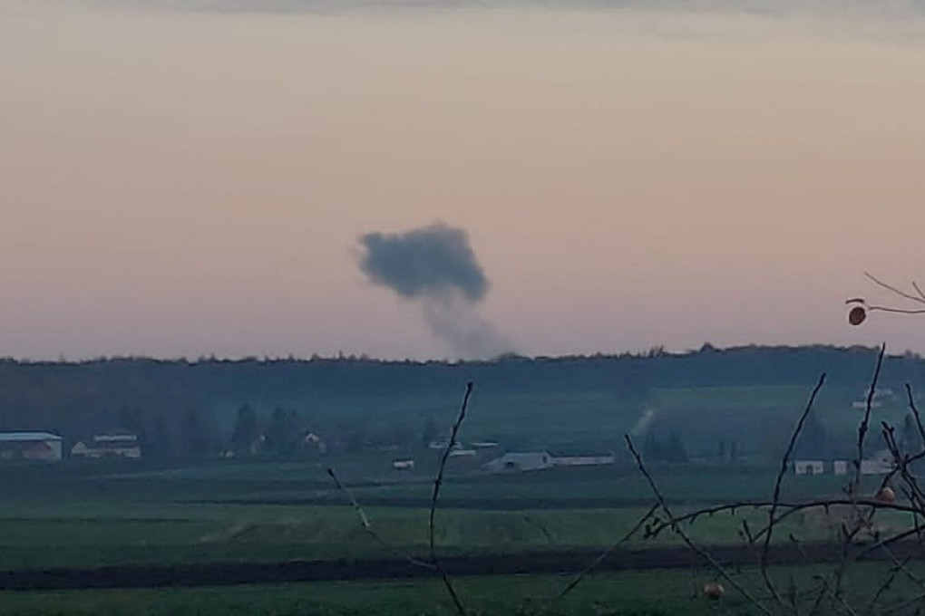 Smoke rises in the distance, amid reports of two explosions, seen from Nowosiolki, Poland, near the border with Ukraine on Tuesday in this image obtained from social media. Photo: Stowarzyszenie Moje Nowosiolki via Reuters