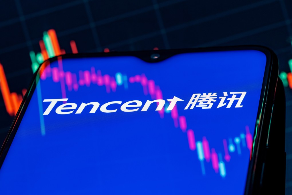 A smartphone with the Tencent logo on the background of the stock chart. Photo: Shutterstock