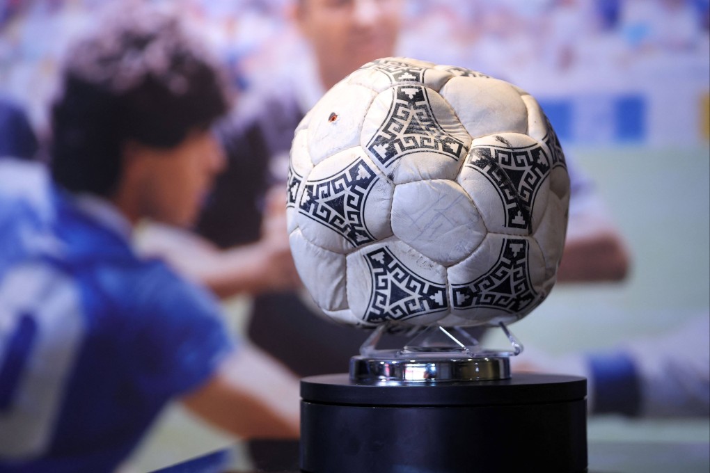 The football that Diego Maradona used to score his infamous ‘Hand of God’ World Cup goal for Argentina against England in 1986. Photo: AFP