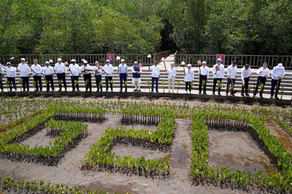 Leaders raise their garden hoes for a group photo during a tree planting event on the sidelines of the G20 summit in Bali, Indonesia. Photo: Reuters