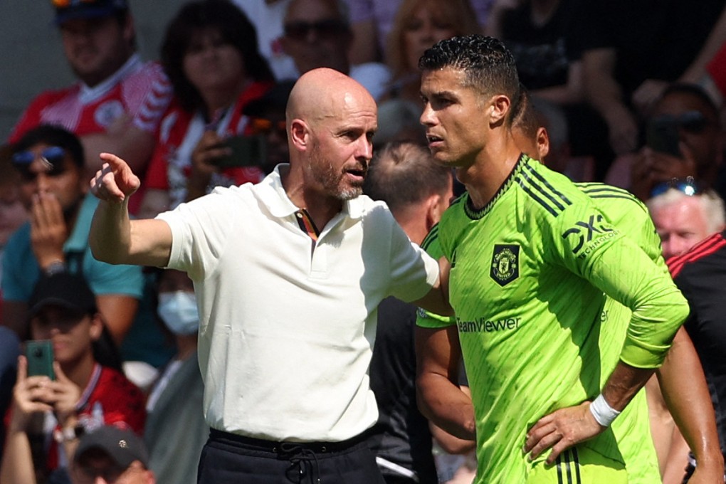 Manchester United’s Dutch manager Erik ten Hag (left) directs Cristiano Ronaldo during the English Premier League match at Southampton. Photo: AFP
