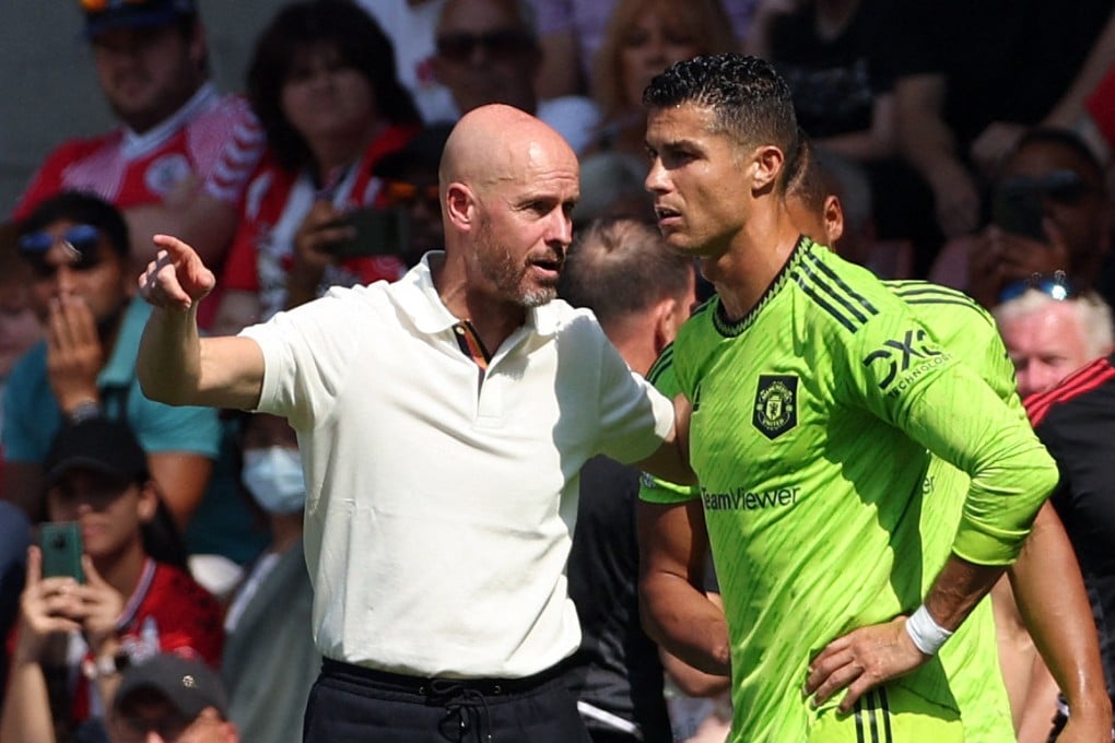 Manchester United’s Dutch manager Erik ten Hag (left) directs Cristiano Ronaldo during the English Premier League match at Southampton. Photo: AFP