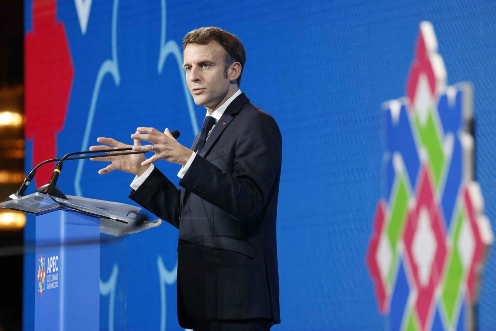 French President Emmanuel Macron addresses the APEC CEO summit in Bangkok on Friday. Photo: AFP
