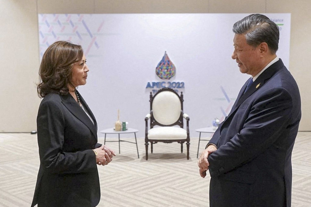 US Vice-President Kamala Harris greets China’s President Xi Jinping before the Apec Leaders’ Retreat in Bangkok on Saturday. Photo: Handout via Reuters