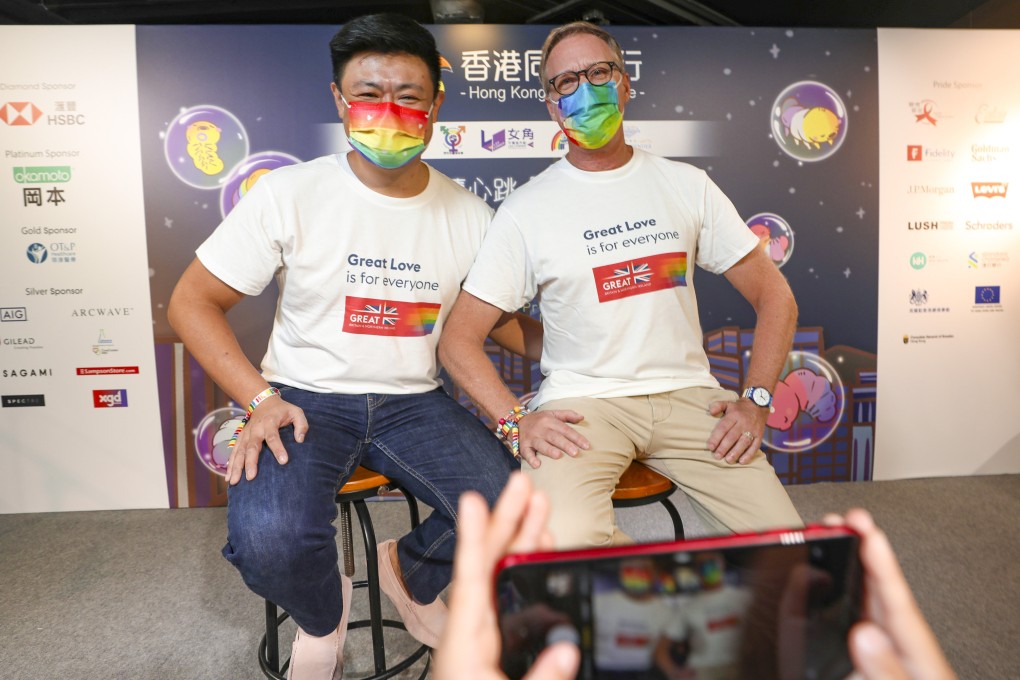 British Consul-General to Hong Kong and Macau Brian Davidson (right) and his husband Scott Chang at Hong Kong Pride Parade in Lai Chi Kok. Photo: Xiaomei Chen