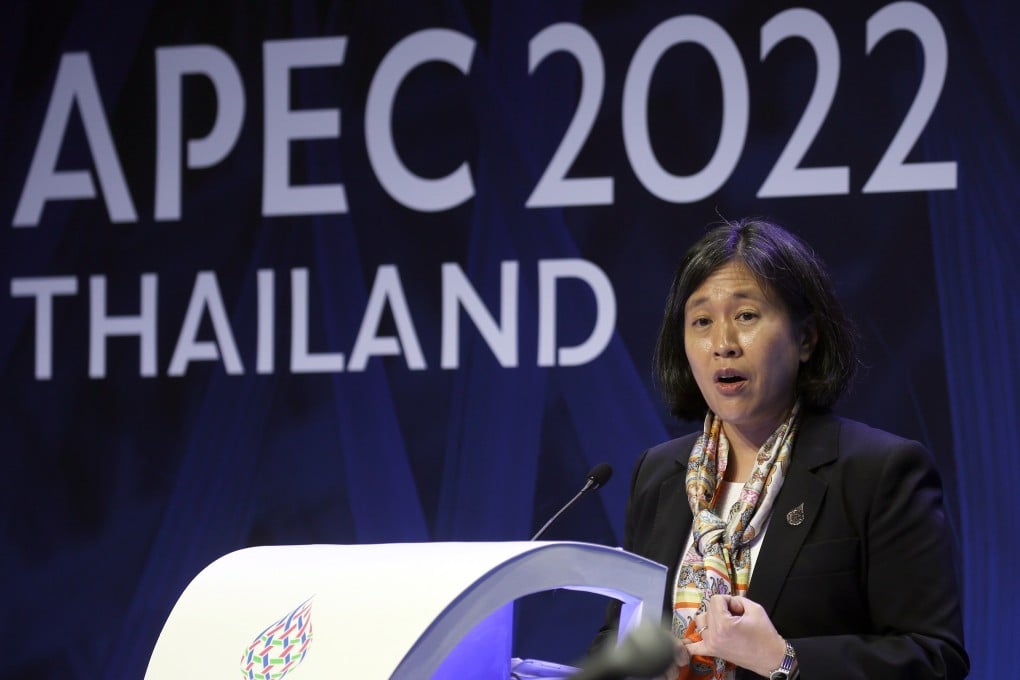 United States Trade Representative Katherine Tai at a news conference at the Asia-Pacific Economic Cooperation (APEC) meeting in Bangkok, Thailand, on Thursday. Photo: EPA-EFE