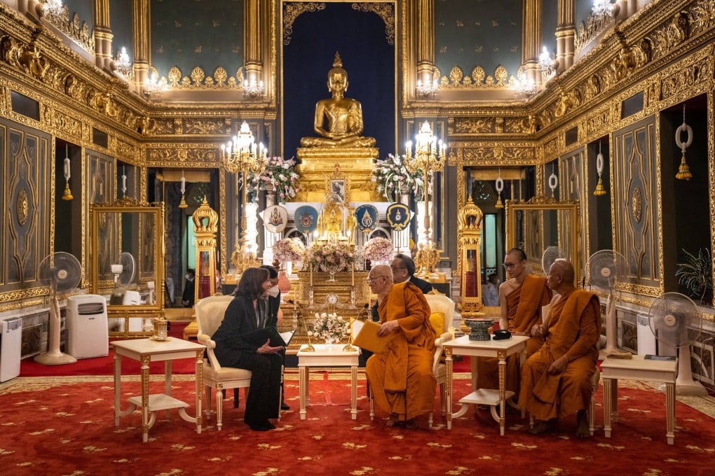 US Vice-President Kamala Harris meets Supreme Patriarch Somdet Phra Ariyavangsagatayana in Wat Ratchabophit temple in Bangkok on the day it was announced the US will help Thailand develop nuclear power. Photo: AFP