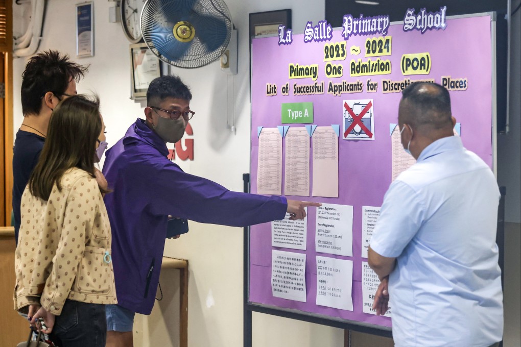 Parents check out the results at La Salle Primary School in Kowloon Tong. Photo: Jonathan Wong