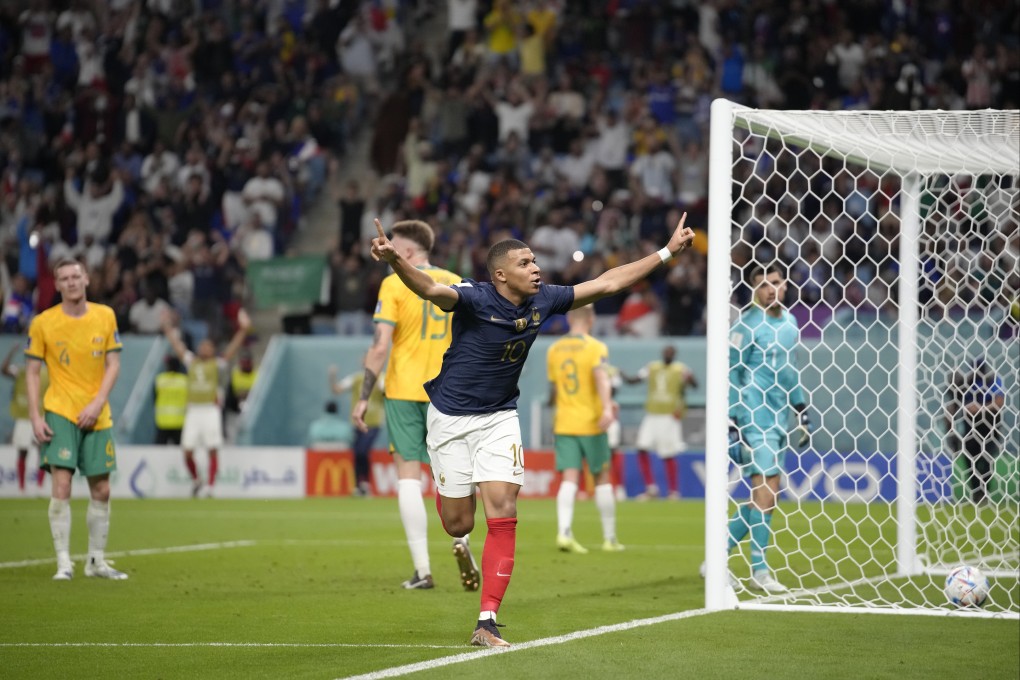 France’s Kylian Mbappe celebrates after scoring against Australia. Photo: AP
