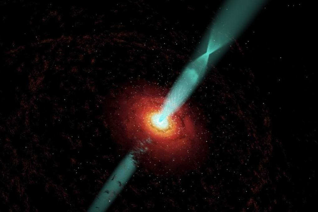 Black holes are known for their ability to pull things into them, but why they shoot out jets of shining particles has long baffled scientists. Illustration: Marscher et al, Wolfgang Steffen, Cosmovision, NRAO/AUI/NSF