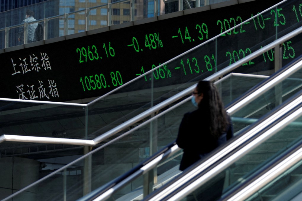 An electronic board shows Shanghai and Shenzhen stock indices, in the Lujiazui financial district, in Shanghai, on October 25. Photo: Reuters