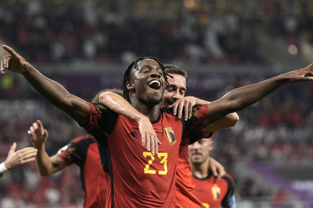 Belgium’s Michy Batshuayi celebrates after scoring his side’s opening goal during the World Cup group F soccer match between Belgium and Canada at the Ahmad Bin Ali Stadium in Doha, Qatar on Wednesday. Photo: AP