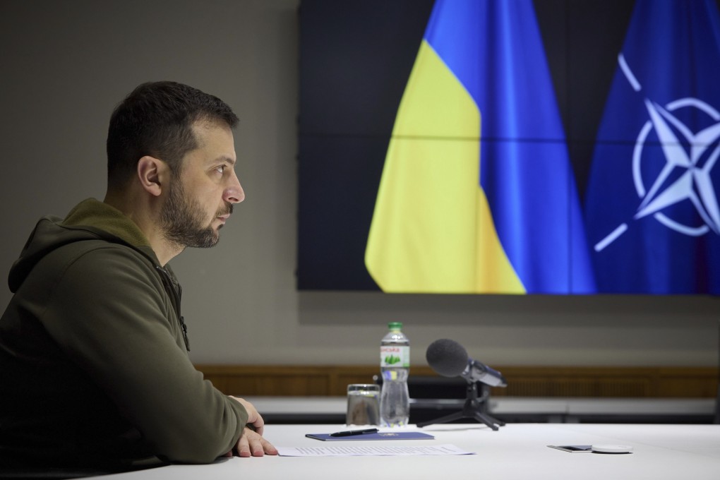 Ukrainian President Volodymyr Zelensky delivers a speech via video conference during a Nato summit on Monday. Photo: Ukraine Presidency / Planet Pix via Zuma Press Wire/ dpa