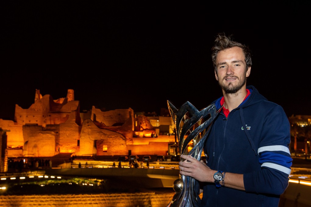 Daniil Medvedev with the Diriyah Tennis Cup trophy. Photo: Handout