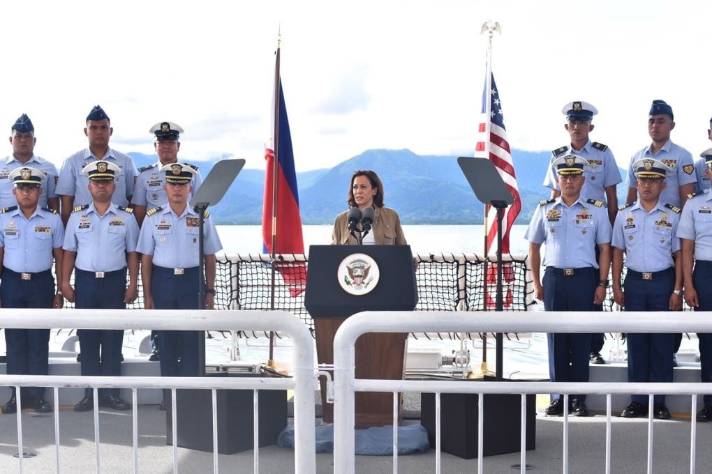 US Vice-President Kamala Harris delivers a speech on board a Philippine Coast Guard ship during a visit to the island of Palawan on Tuesday. Photo: EPA-EFE