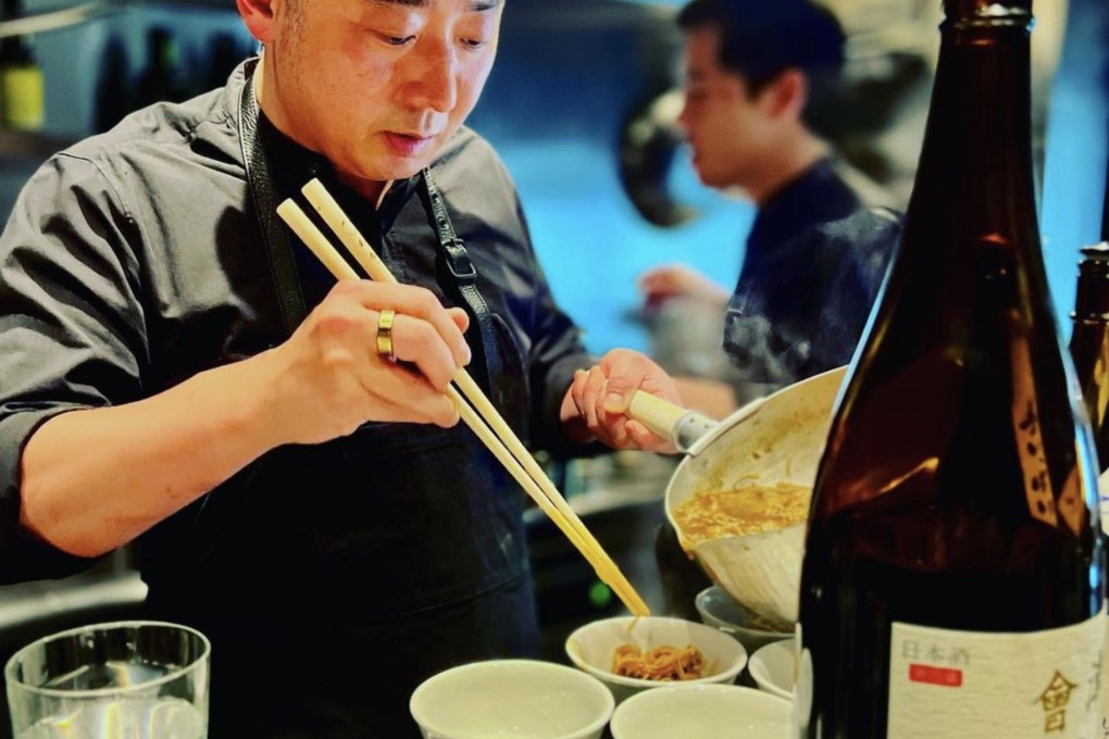 Hisato Hamada works on diishes for the izakaya menu at Yatchabar, his first sake bar, ahead of its opening. Hamada made his name sellng US$180 Wagyu beef sandwiches in Tokyo before bringing his Wagyumafia brand to Hong Kong. Photo: Instagram/@wagyumafia
