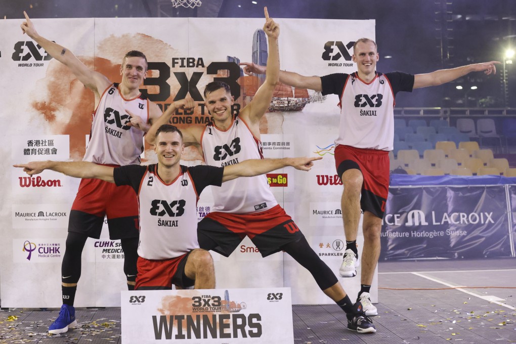 Lithuania’s Sakiai Gulbele (from left) Marijus Uzupis, Paulius Beliavicius, Modestas Kumpys, and Aurelijus Pukelis, celebrate winning the FIBA 3X3 World Tour in Hong Kong. Photo: Jonathan Wong