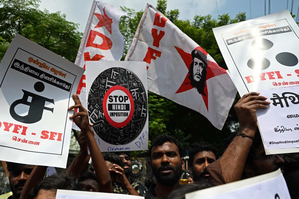 Indian students in Chennai hold placards during a recent protest against the government for imposing Hindi in non-Hindi speaking states. Photo: AFP