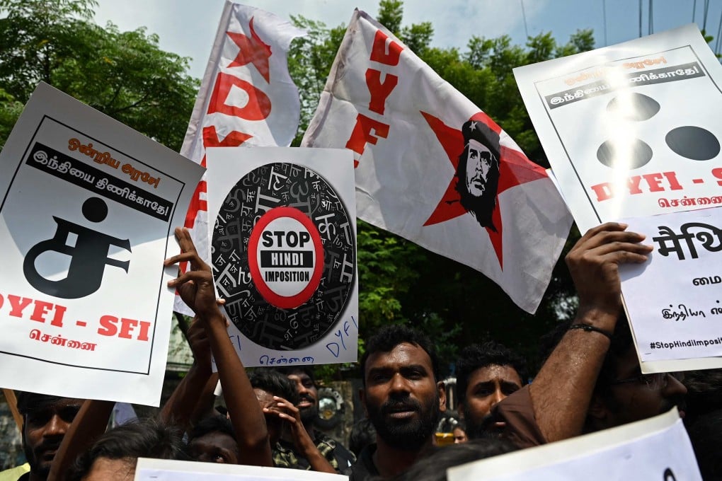 Indian students in Chennai hold placards during a recent protest against the government for imposing Hindi in non-Hindi speaking states. Photo: AFP