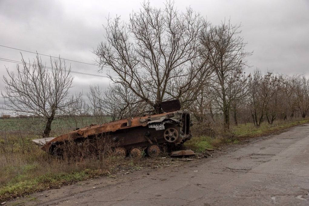 A destroyed military vehicle in the recently liberated Mykolaiv region, near the border with Kherson, in southern Ukraine on Sunday. Photo: EPA-EFE