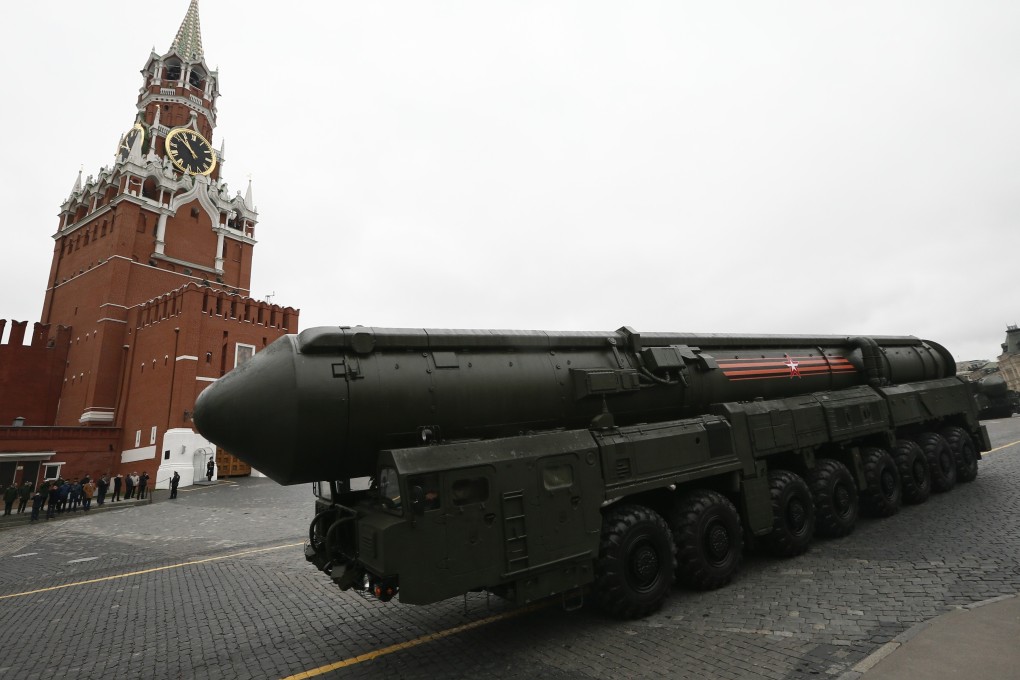 A Russian Topol M intercontinental ballistic missile launcher rolls along Red Square during the Victory Day military parade in Moscow in May 2017. Photo: AP