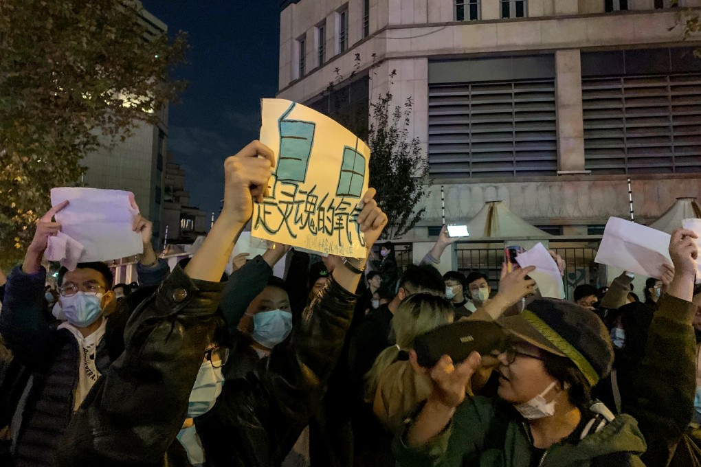 A protest in Shanghai on Sunday against China’s strict Covid response and demanding release of those detained for participating in an earlier protest. Credit: SCMP