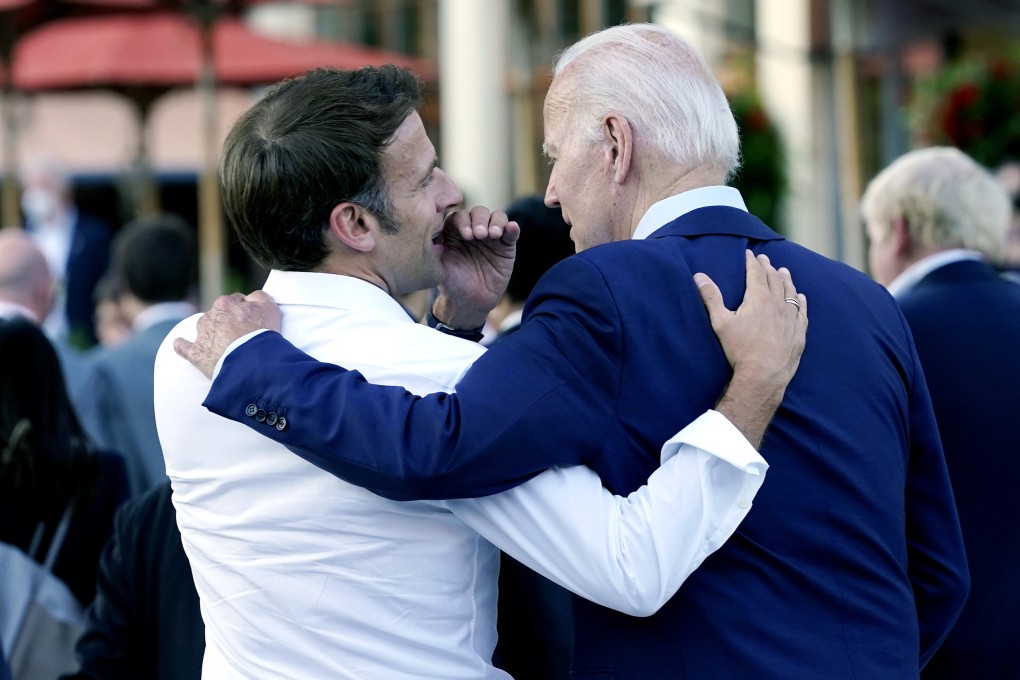 French President Emmanuel Macron whispers to US President Joe Biden at the G7 Summit in Elmau, Germany in June. Macron is in Washington for the first state visit of Biden’s presidency. Photo: AP