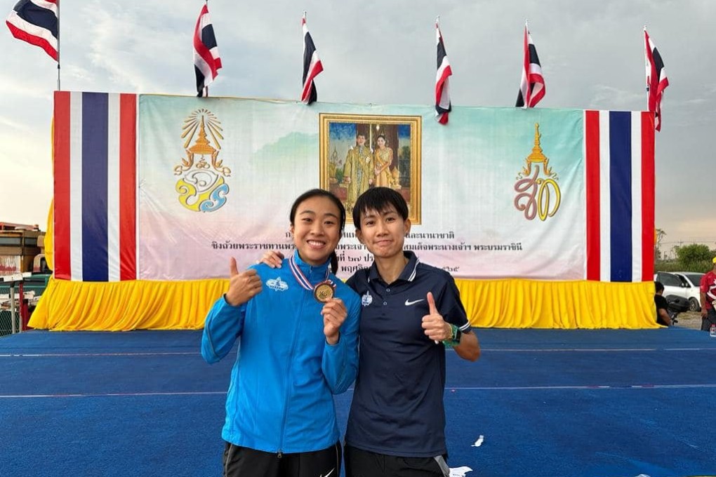 Shannon Chan (left) poses for a photo with her coach Tse Mang-chi at the Thailand Open Track and Field Championships. Photo: HKAAA