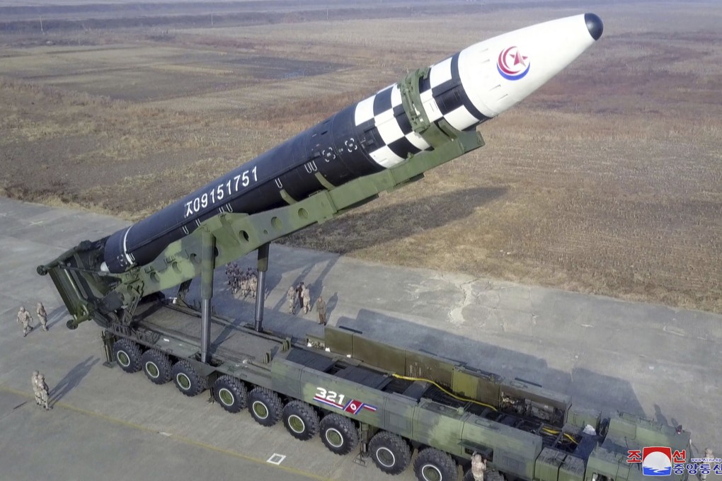 A photo provided by the North Korean government shows what it says is a Hwasong-17 intercontinental ballistic missile before its test firing at Pyongyang International Airport. Photo: AP